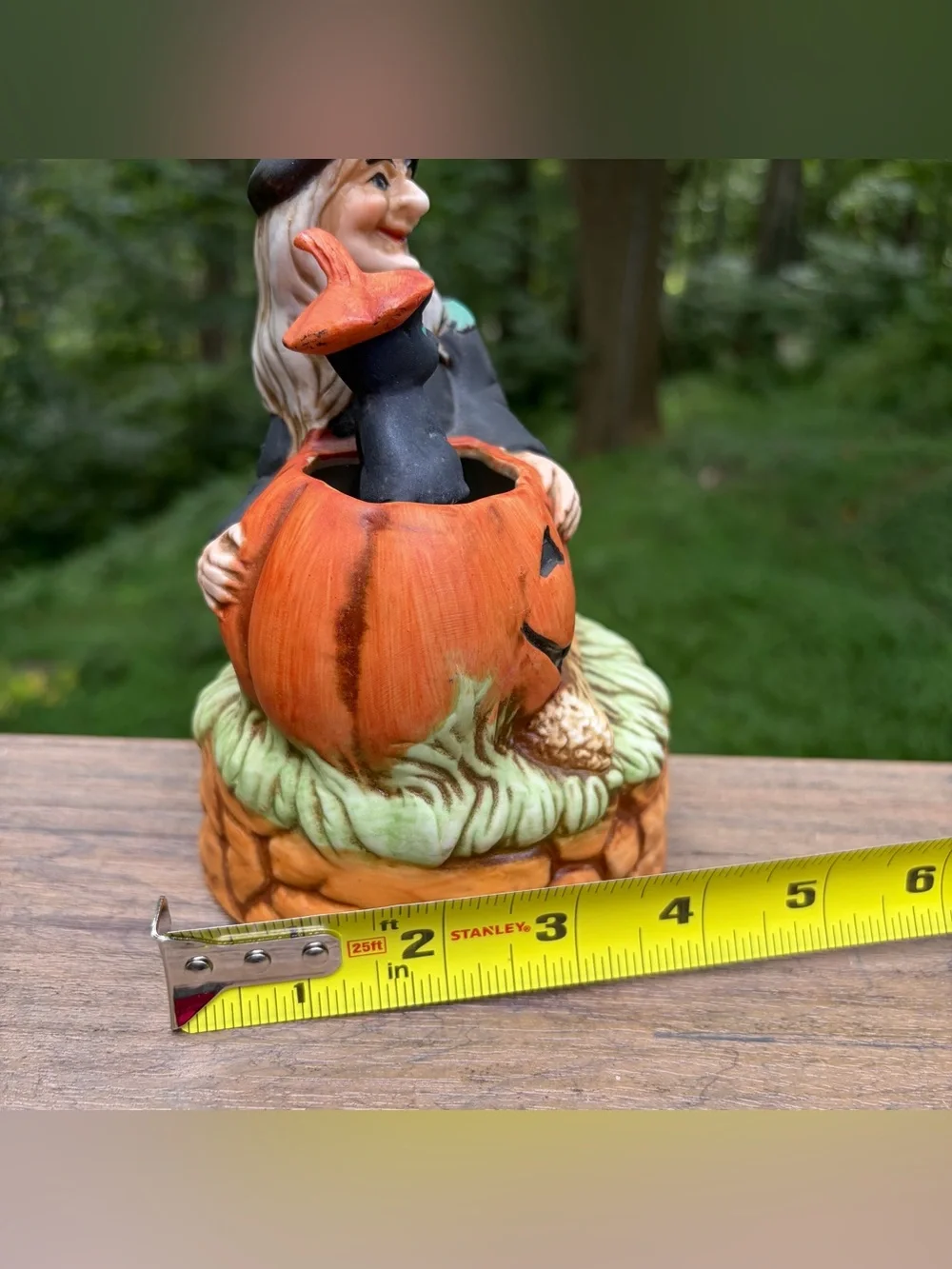 Vintage Ceramic Halloween Witch Jack-O-Lantern Black Cat Music Box Working